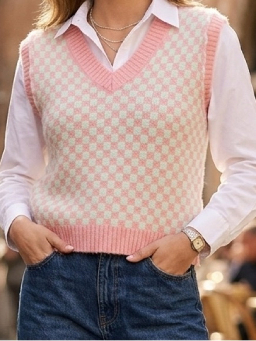 POL Pink Checkered Vest Size S